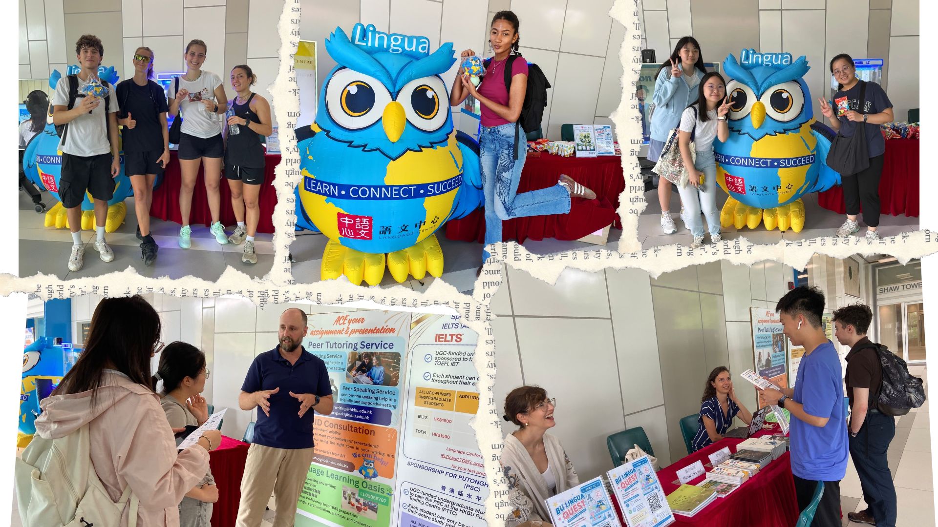 User-supplied collage showing the Language Centre promotion booth.