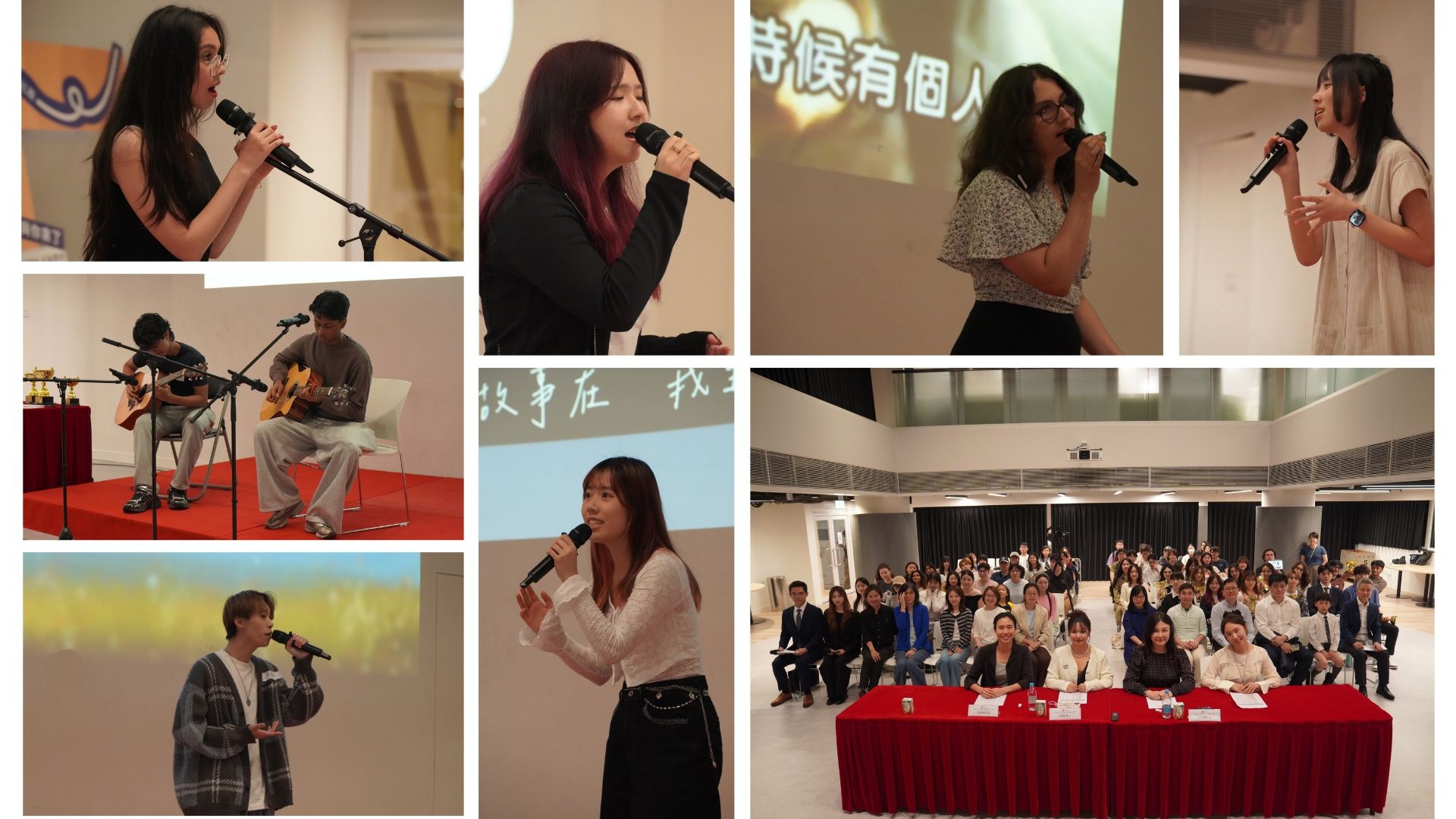 User-supplied collage showing singing performances and a group photograph.